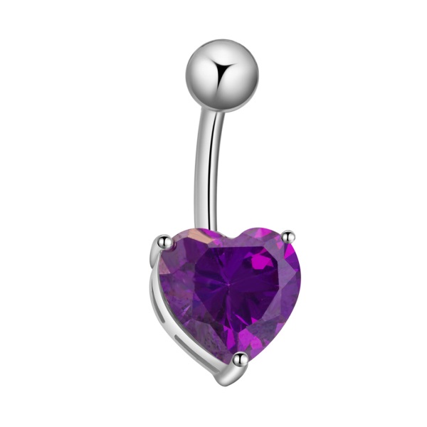 18K Platinum Plated Heart-shaped Crystal Zircon Inlaid Belly Button Ring Body Piercing Jewelry Dangle Navel Buckle - Purple