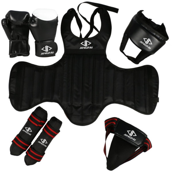 5Pcs Boxing Protective Set Boxing Gloves Headgear Leg Guard Boxing Chest Pad Boxing Crotch Pad - Red