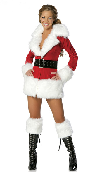 Womens Sexy Long Sleeve Fur Christmas Santa Costume Red