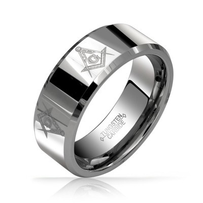Free Mason Tungsten Ring with Beveled Edge (Non Faceted 8MM Masonic band) Steel color Masons RIng