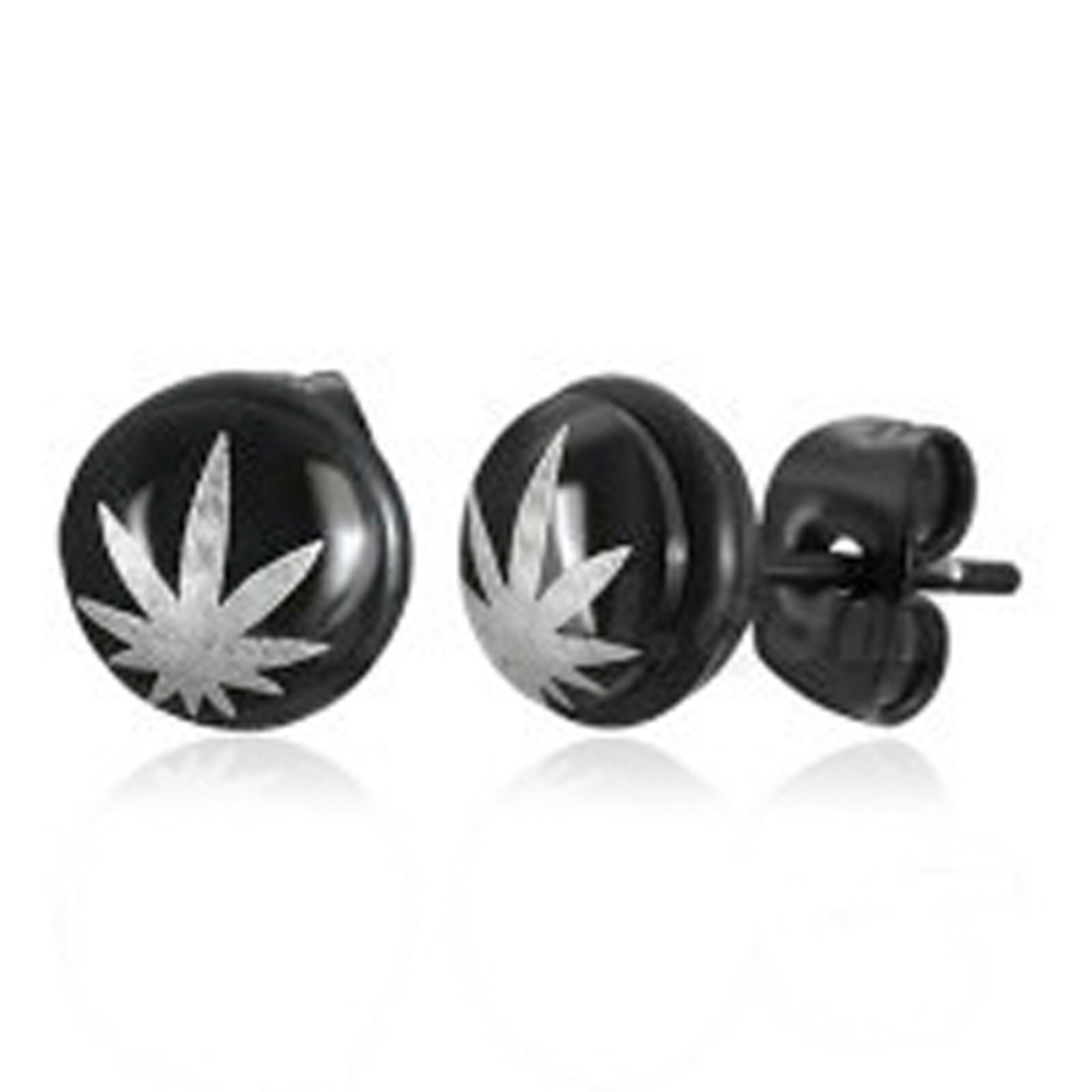 Marijuana Pot Leaf - Black and Gray Stud Earrings (Ear/Body Jewelry)